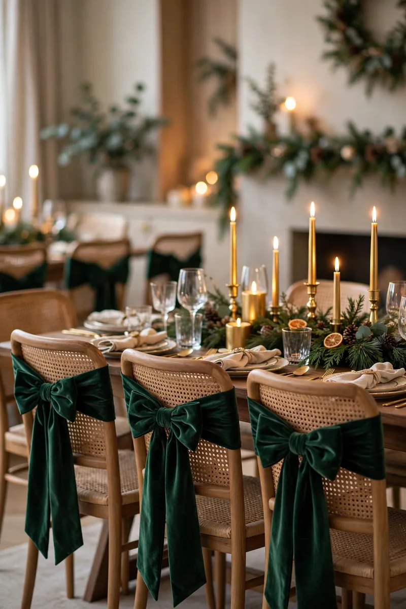 Velvet Christmas decor: dining chairs with emerald velvet sashes tied in bows