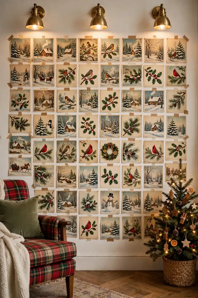 Retro photo inspired Christmas decor: living room wall covered in a collage of vintage Christmas postcards