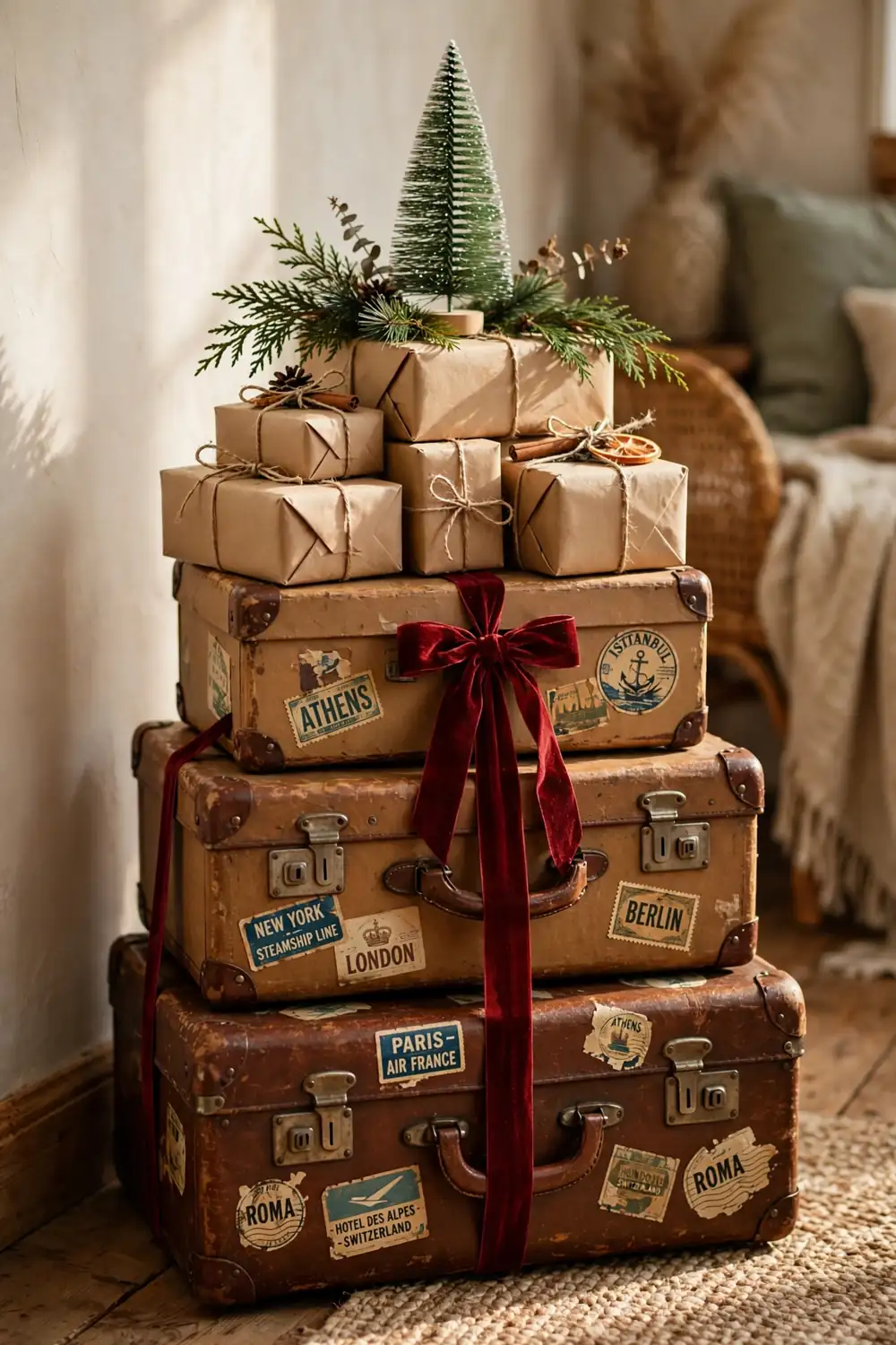 Stacked vintage suitcases as a gift display Stacked vintage suitcases with wrapped gifts and a bottle brush tree on top, a stylish vintage christmas decor idea