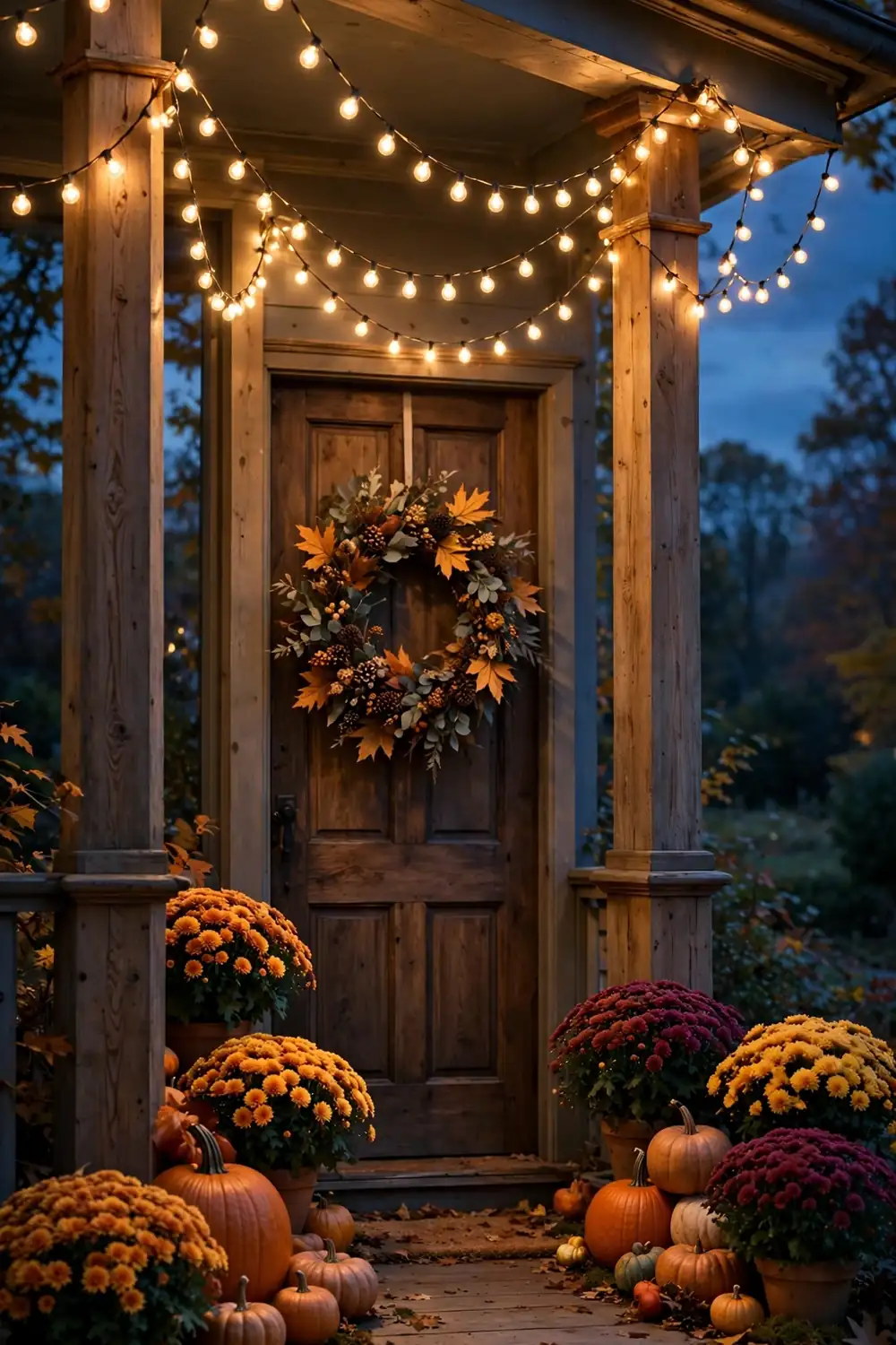 Warm string lights draped over the porch, a glowing thanksgiving porch decor idea