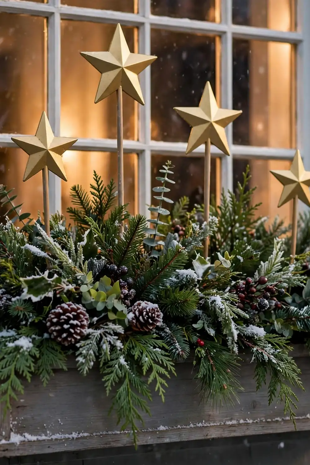 Window box greenery with gold star picks Window box filled with holiday greenery and gold star picks, a starry christmas porch decor idea for porch windows