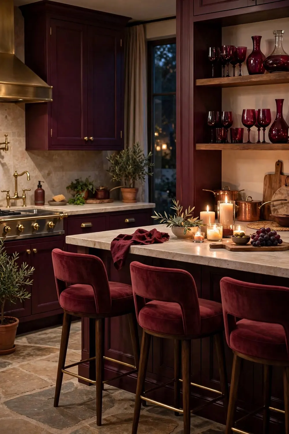 Kitchen styled in wine tones with aubergine cabinets