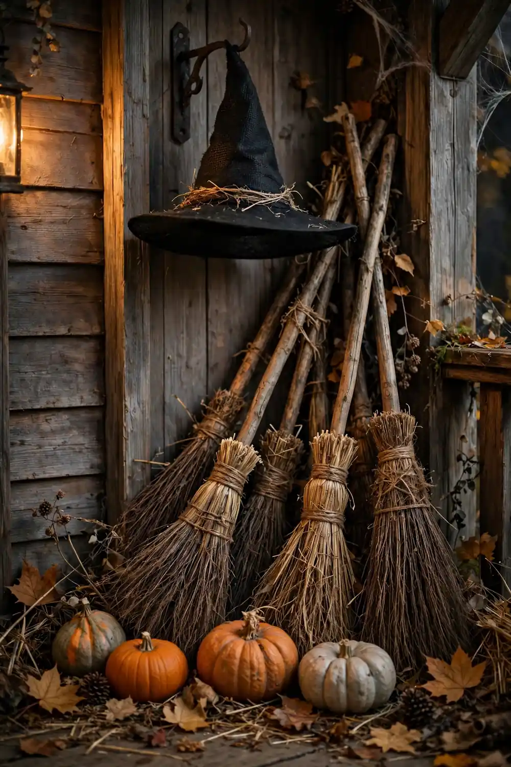 Witch Brooms and Hat Corner Halloween porch decor with rustic witch brooms and a pointed hat in a porch corner