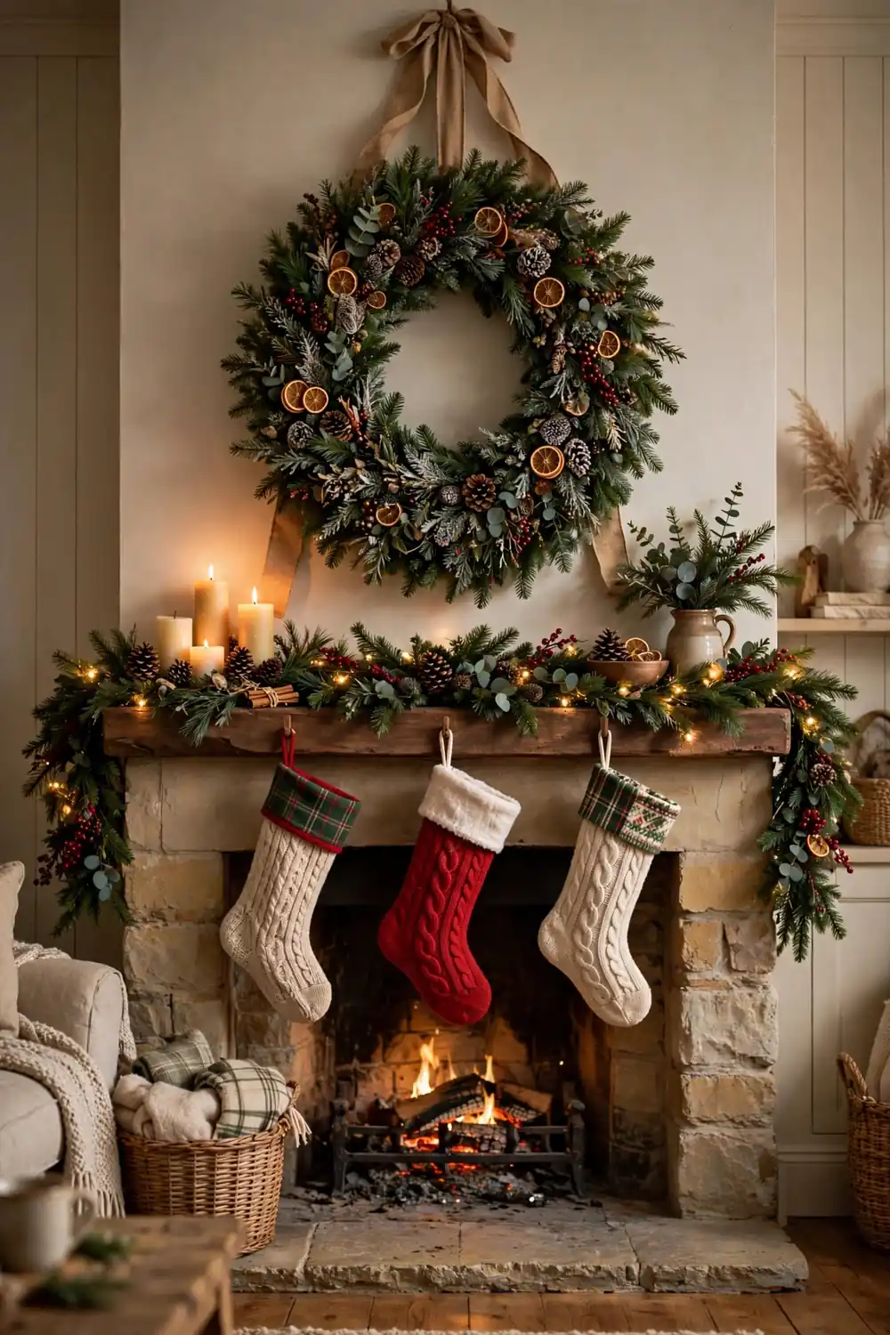 Large Christmas wreath centered above fireplace mantel