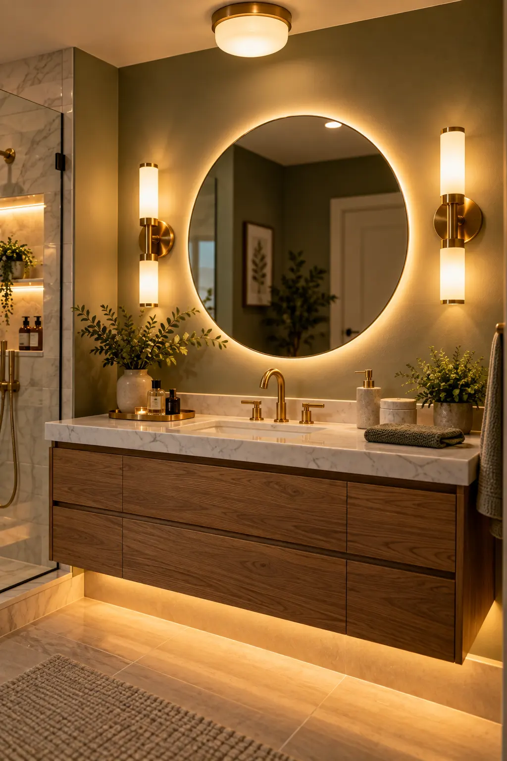 Modern bathroom with layered ambient, task, and accent lighting including ceiling lights, vanity sconces, and LED strips.