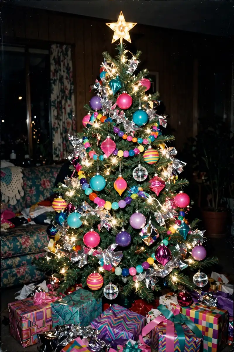 Retro photo inspired Christmas decor: 90s flash aesthetic Christmas tree with colorful retro ornaments and star topper