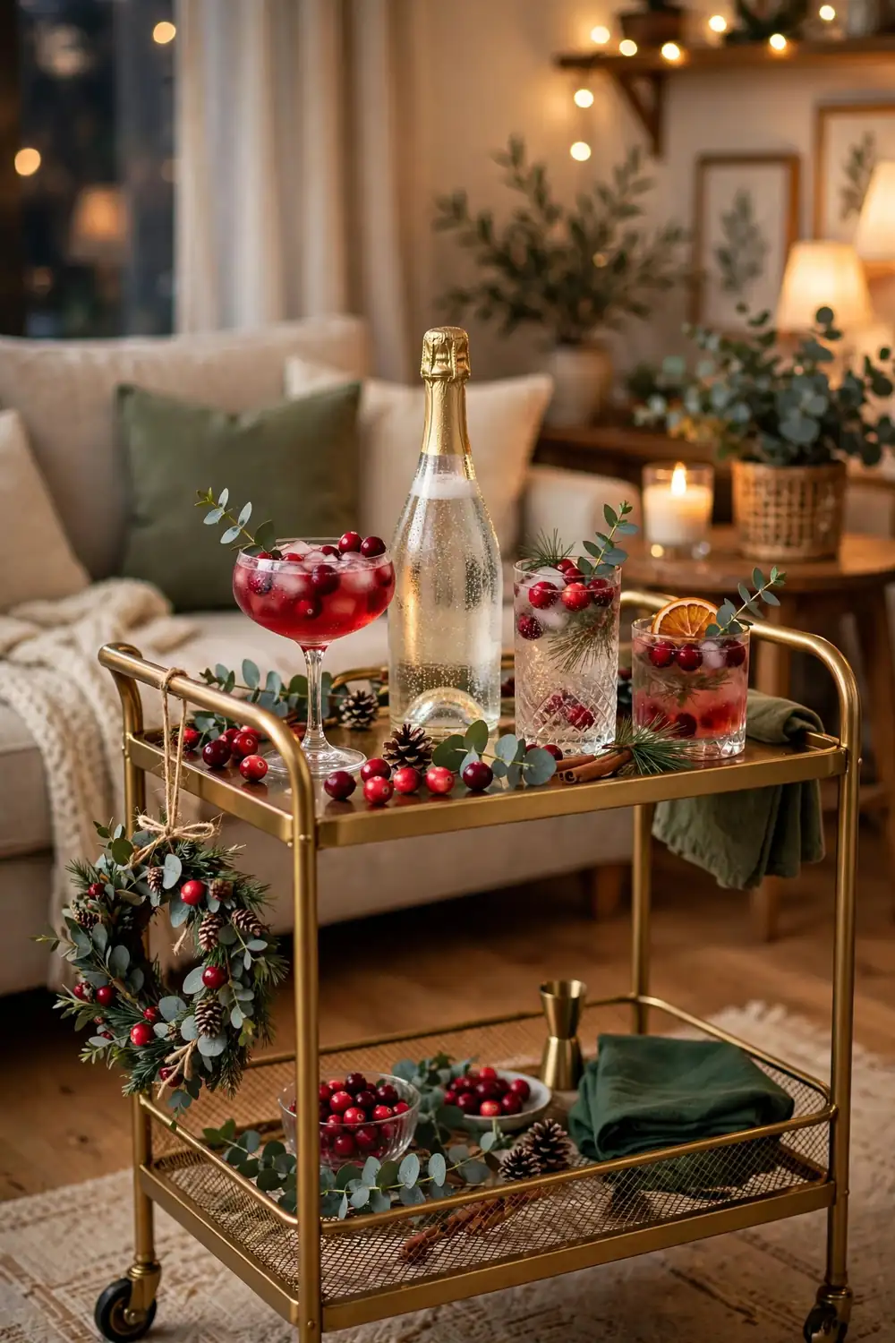 Bar cart styled for Christmas with festive glassware