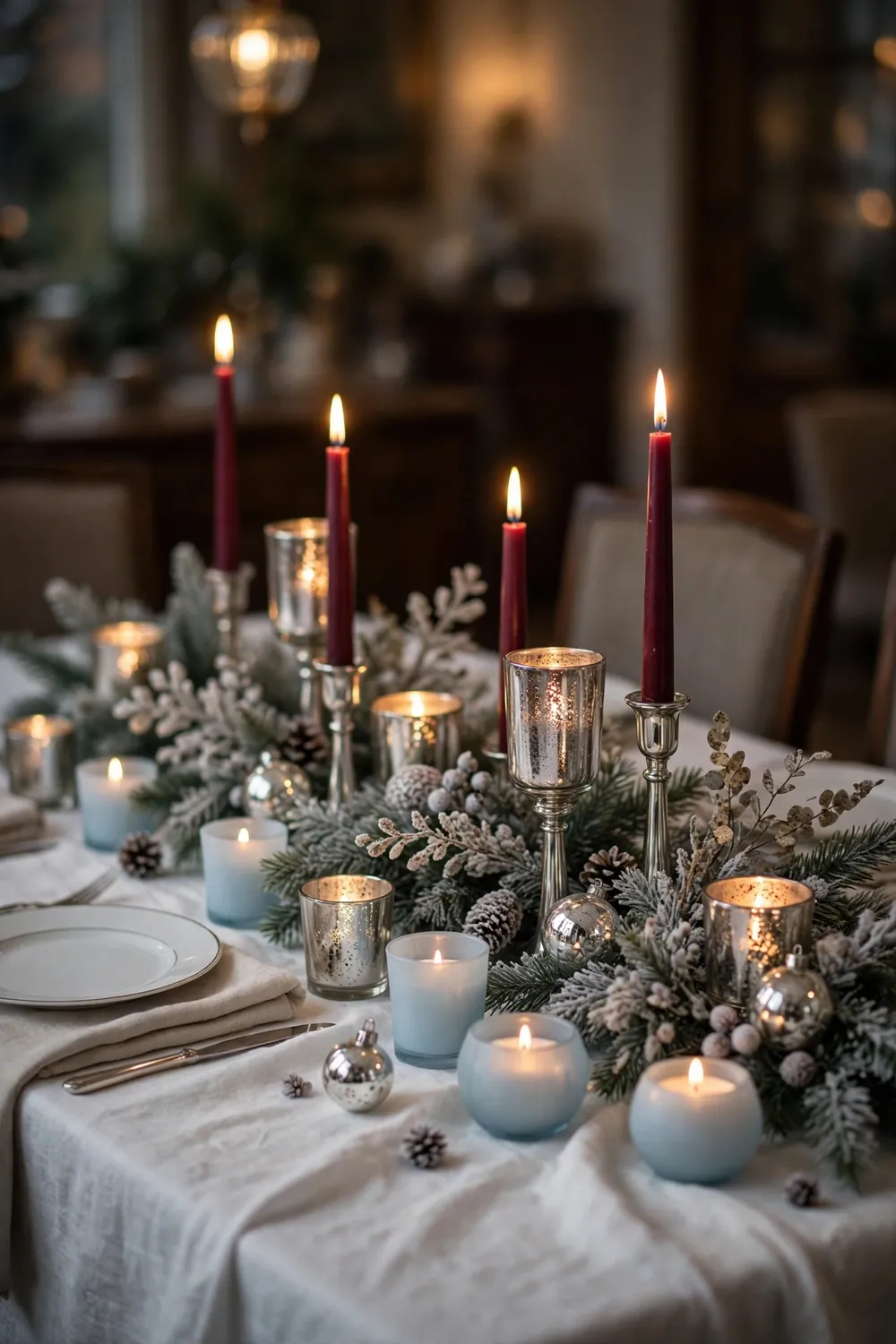 Burgundy and sky blue candles arranged on a table, an on trend christmas candle decor idea for the season