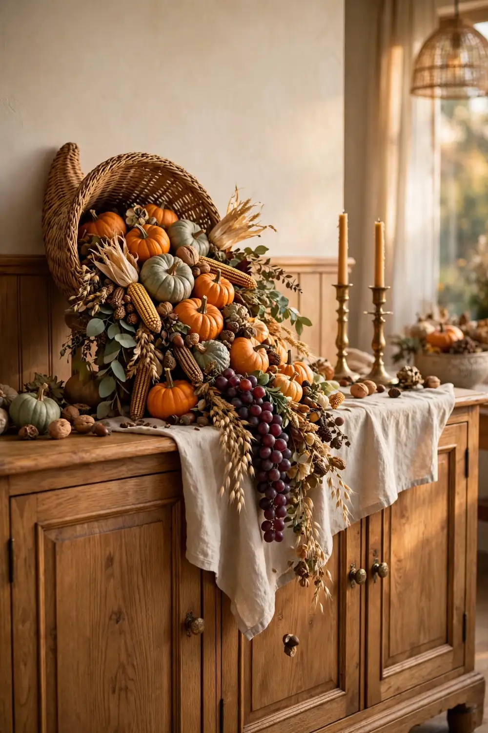 Cornucopia Vignette on the Sideboard Cornucopia overflowing with pumpkins and gourds on a sideboard, a traditional thanksgiving living room decor idea