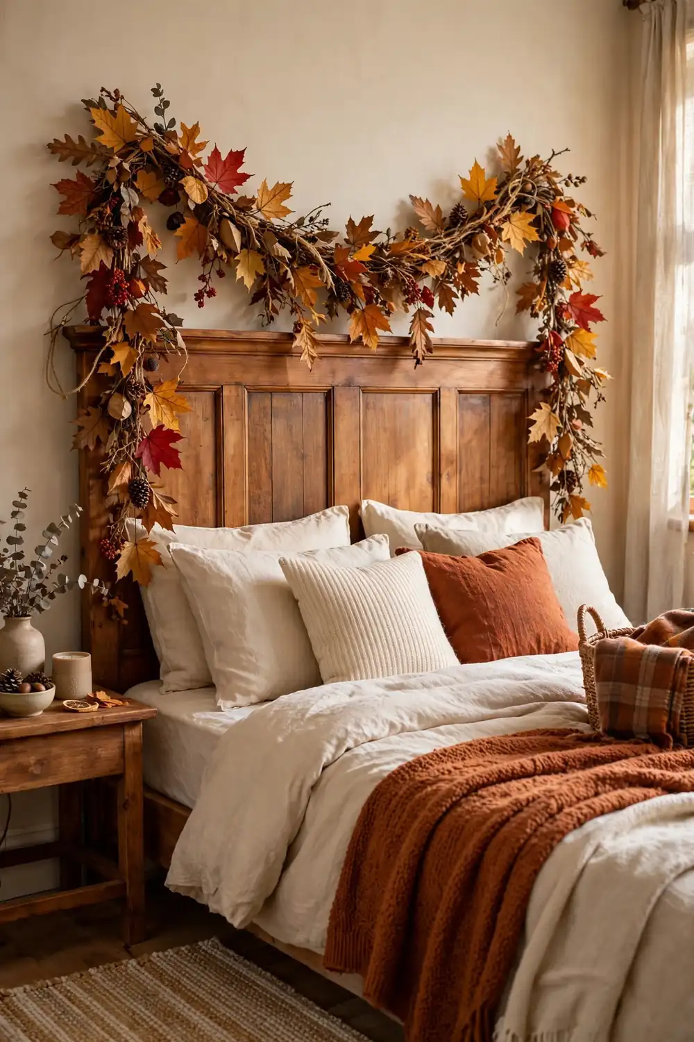Dried Leaf Garland Over the Headboard Fall bedroom decor with a dried leaf garland in amber and crimson over a wooden headboard