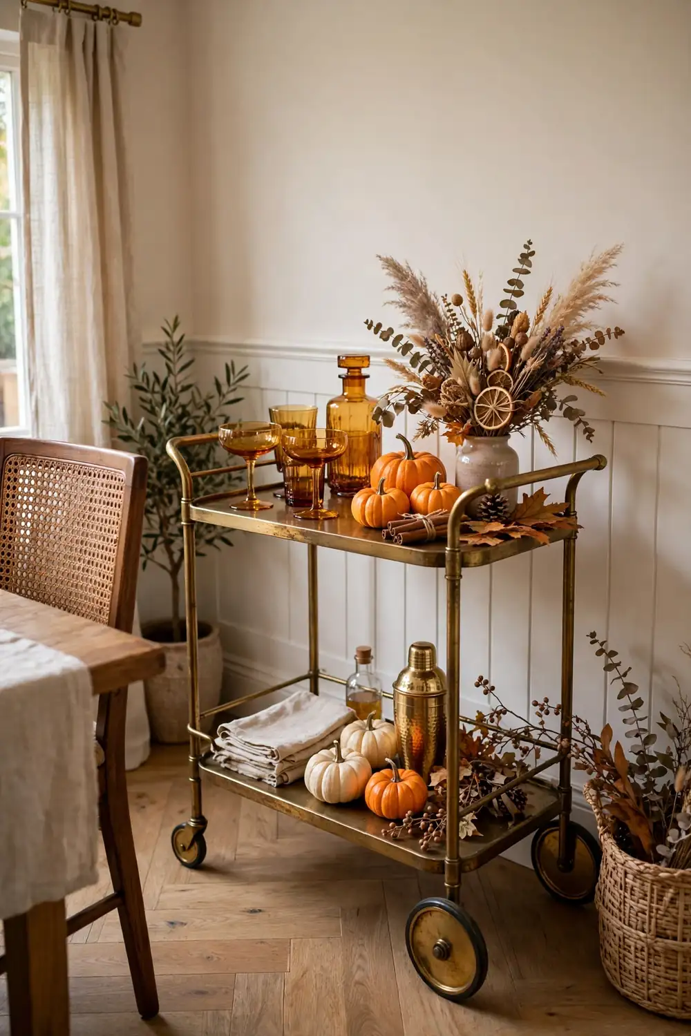 Fall Styled Bar Cart Cozy fall dining room corner with a brass bar cart styled with amber glassware and mini pumpkins