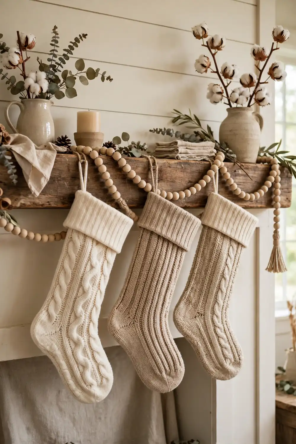 Farmhouse Neutral Christmas Stocking Decor Ideas Farmhouse neutral christmas stocking decor ideas in cream and beige on a mantel
