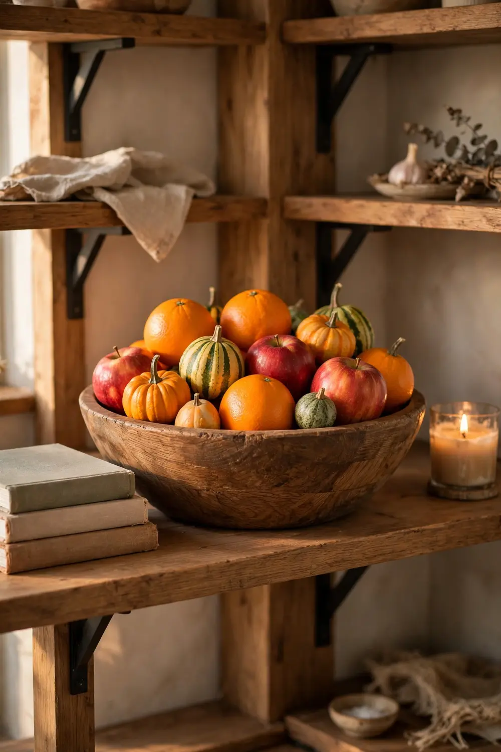 Decorative fruit bowl and gourd display for Thanksgiving kitchen Thanksgiving kitchen decor ideas with a wooden fruit bowl of oranges apples and mini gourds on open shelving