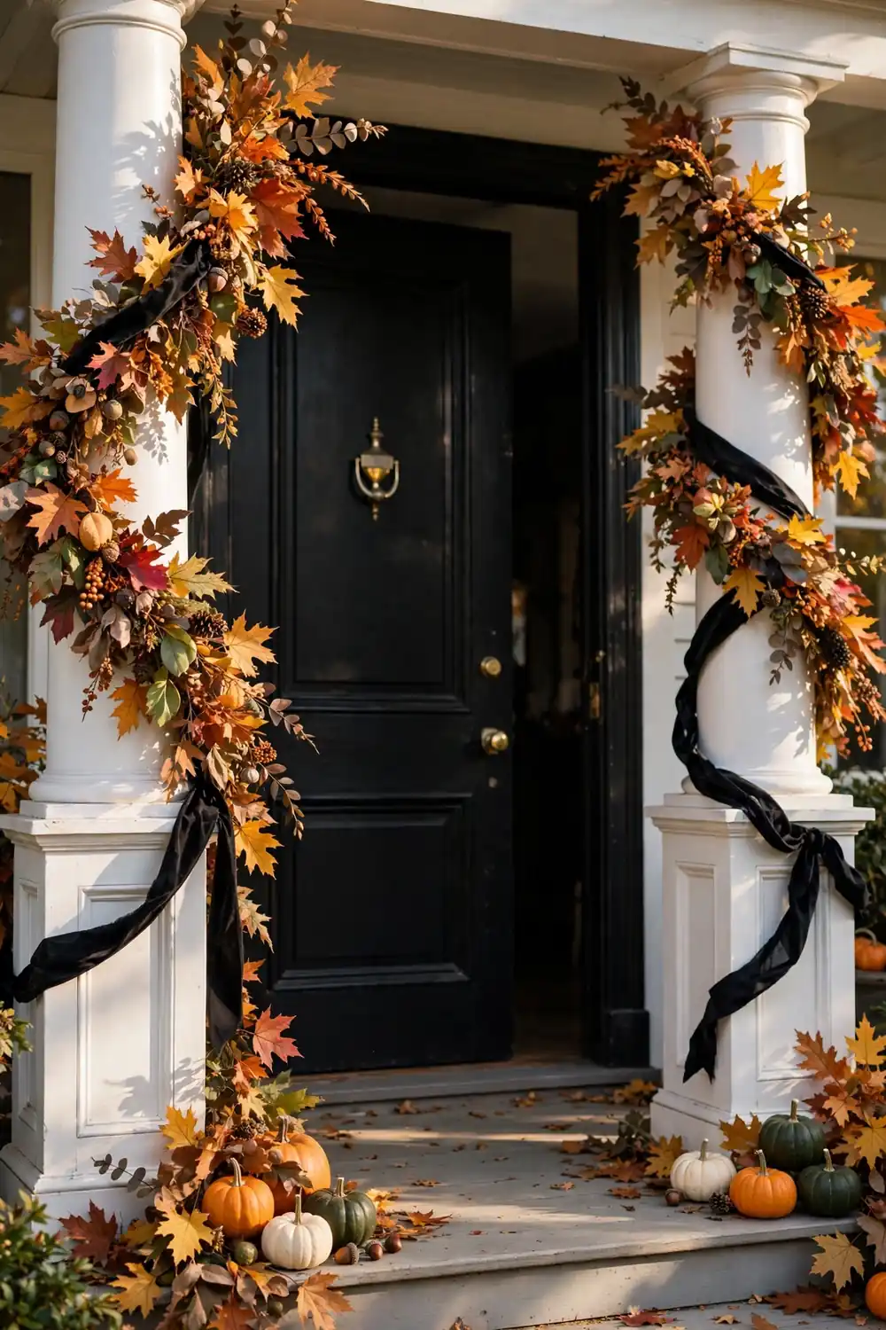 Autumn Garland Draped on Porch Columns Halloween porch decor with autumn garland and black ribbon draped on white porch columns