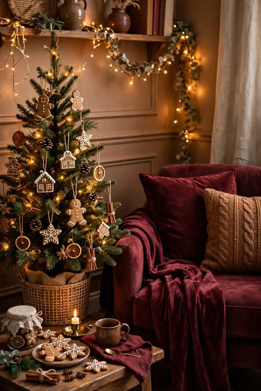 Gingerbread and burgundy color scheme Gingerbread Christmas decor ideas in a burgundy and gingerbread color scheme