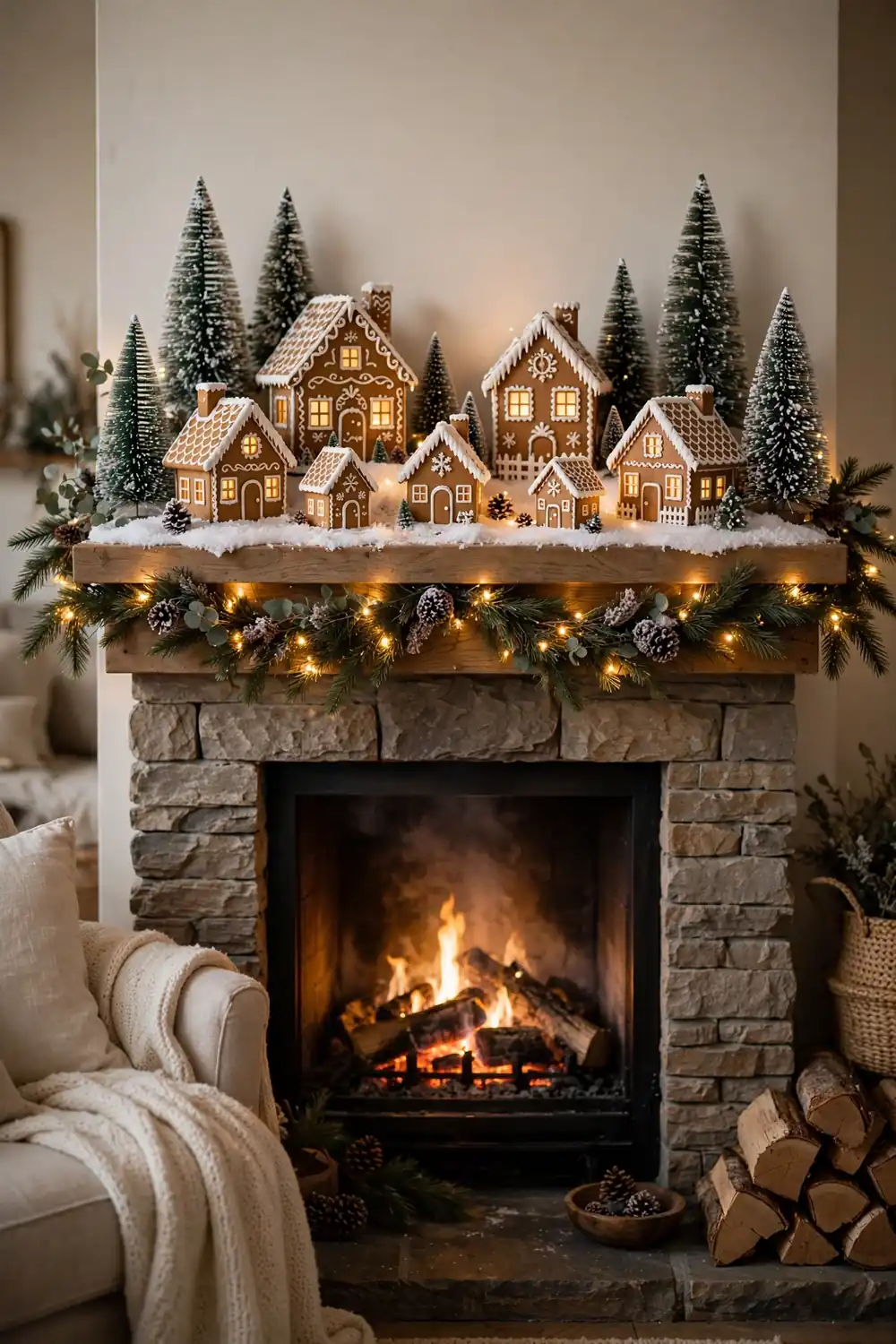 Christmas mantel decor idea with a gingerbread village scene Gingerbread village scene with bottle brush trees, a whimsical christmas mantel decor idea