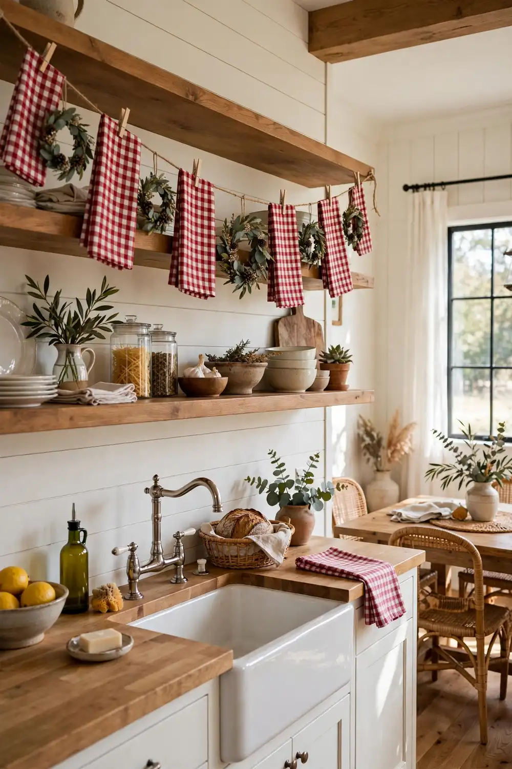 Gingham kitchen towel garland strung across a kitchen with gingham Christmas decor