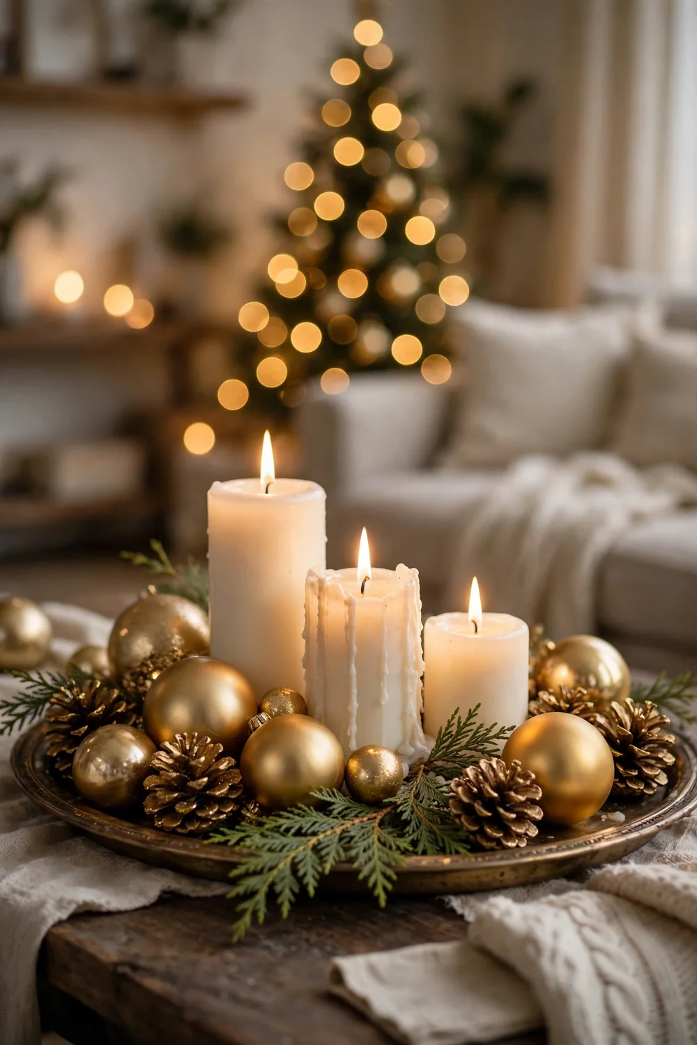 Gold Tray Christmas Coffee Table Display Christmas coffee table with gold tray holding candles, pinecones and small gold ornaments