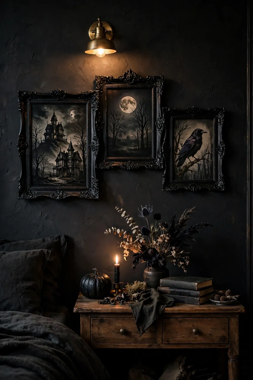 Gothic print swap on a bedroom gallery wall Gallery wall with gothic Halloween prints, a sophisticated halloween bedroom decor idea