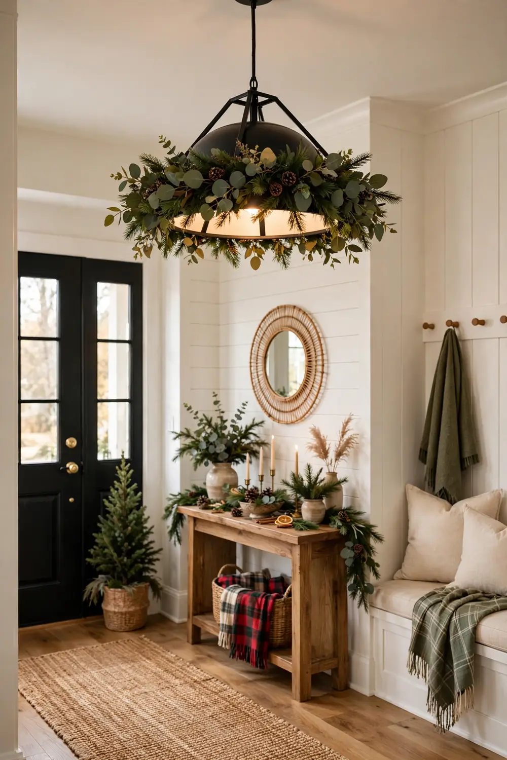 Pendant light dressed with eucalyptus and pine ring Entryway pendant light ringed with eucalyptus and pine, overhead christmas entryway decor ideas
