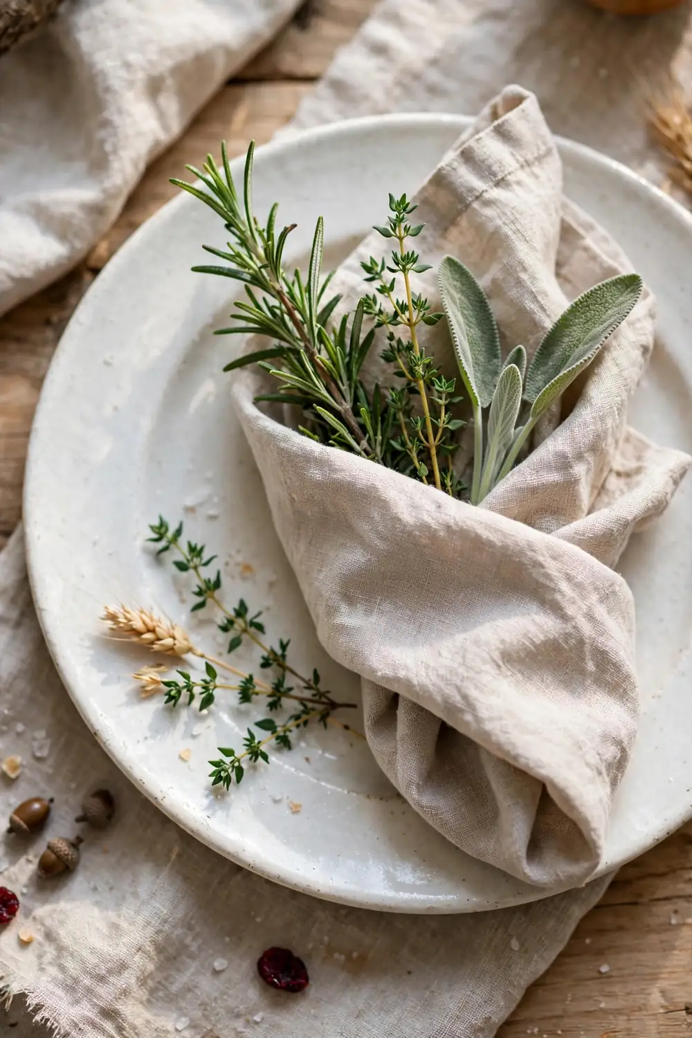 Thanksgiving place setting with fresh herb sprigs in linen napkin