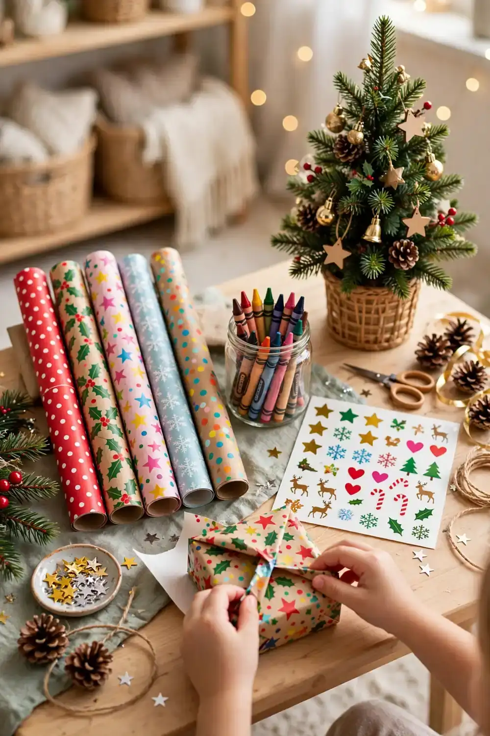 Kids wrapping station with stickers and crayons on a low table, a fun christmas wrapping station idea for families