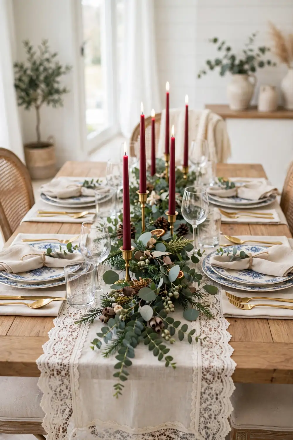 Lace table runner with burgundy candles and vintage china Christmas centerpiece