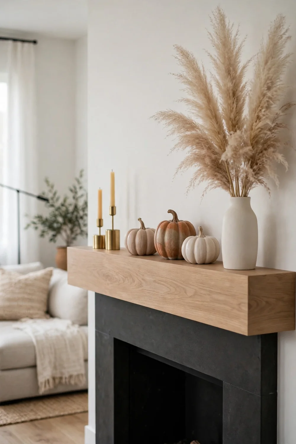 Thanksgiving mantel decor ideas in a minimal modern style with ceramic pumpkins, pampas grass, and brass candle holders
