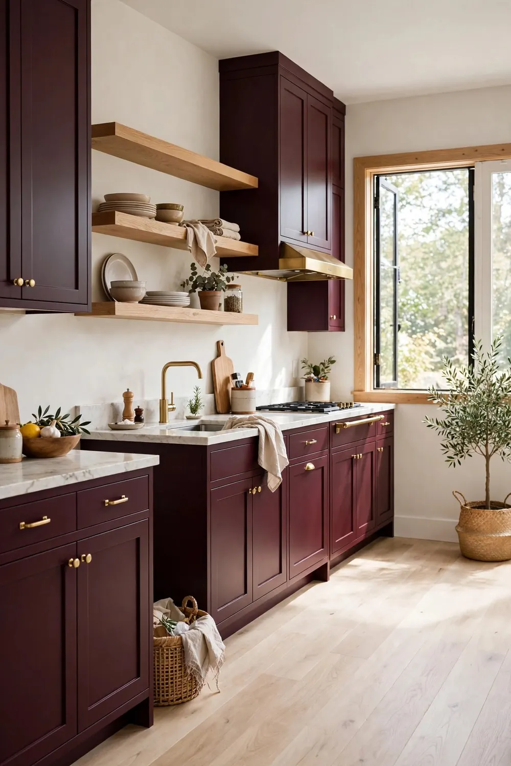 Aubergine kitchen with light oak floors and floating shelves