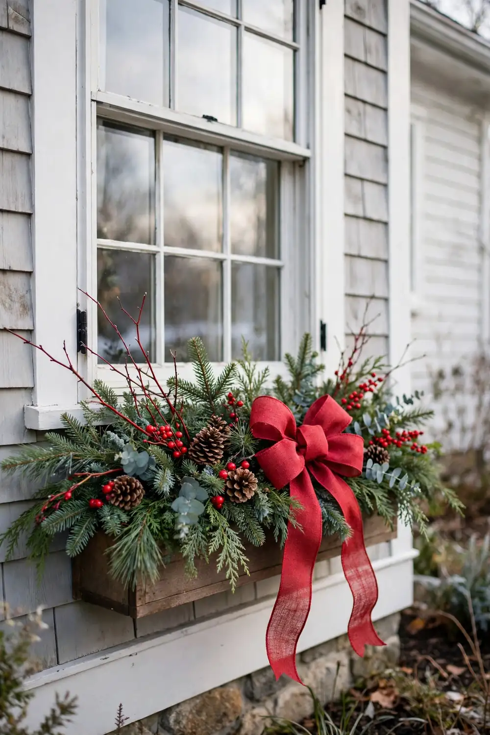 Outdoor window box filled with evergreen boughs and red berries for Christmas, curb appeal christmas window decor ideas