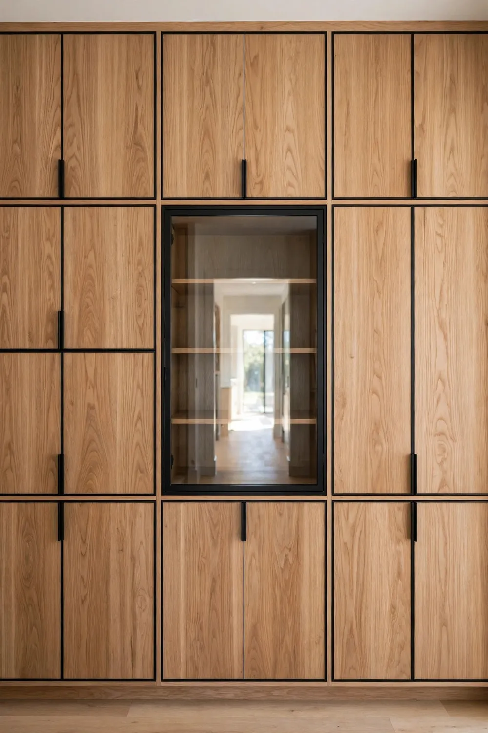 White oak and black kitchen with full height oak pantry wall and black trim