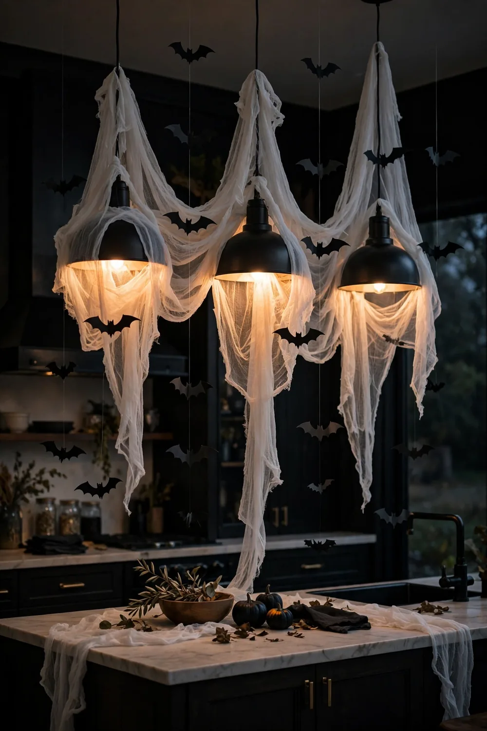 Gauzy Halloween pendant lights with hanging bats Kitchen pendant lights draped with gauze and hanging paper bats for Halloween