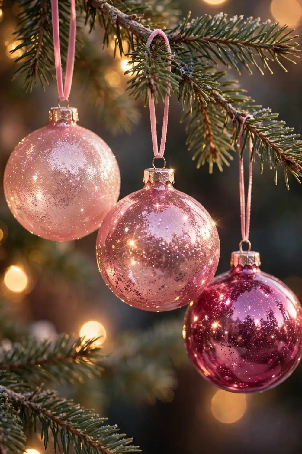 Cluster of pink glass christmas ornaments in a decorative bowl on a coffee table