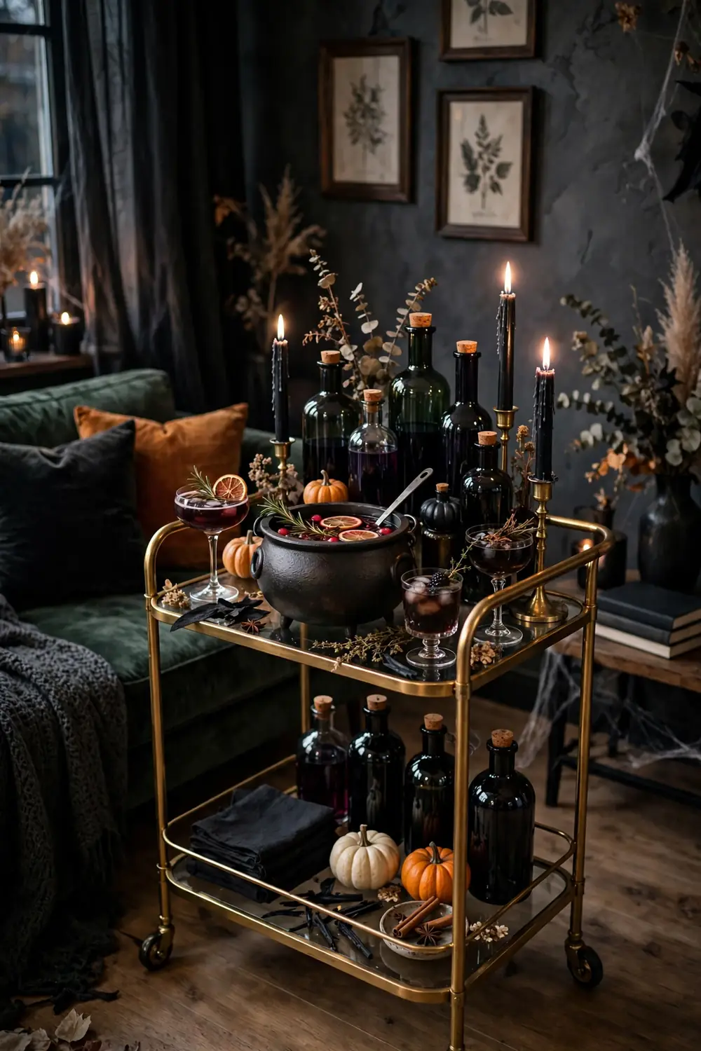 Potion Bar Cart for Party Night Potion bar cart halloween living room decor ideas with dark bottles, cauldron punch bowl and candles