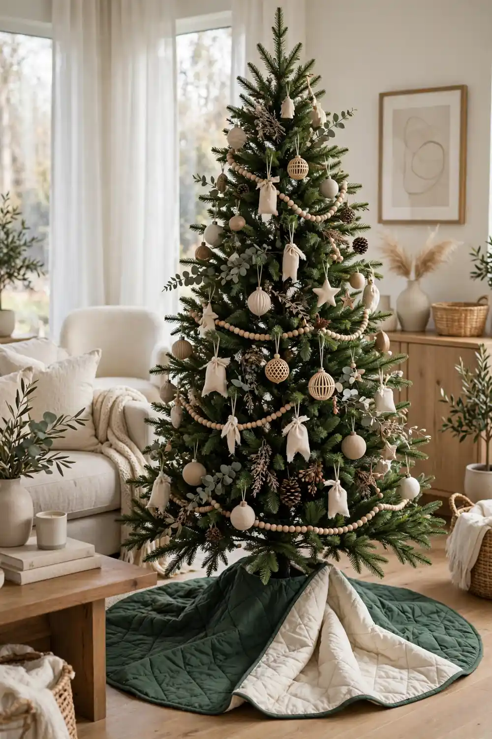 Reversible two tone Christmas tree skirt idea Reversible two tone Christmas tree skirt in forest green and cream with quilted texture