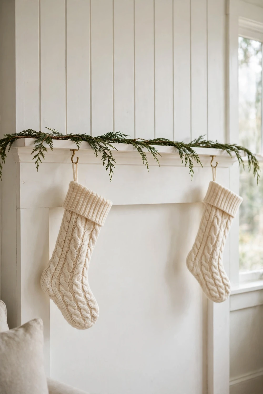 Minimalist Christmas decor ideas: one pair of cream knit stockings hanging from a simple wooden mantel