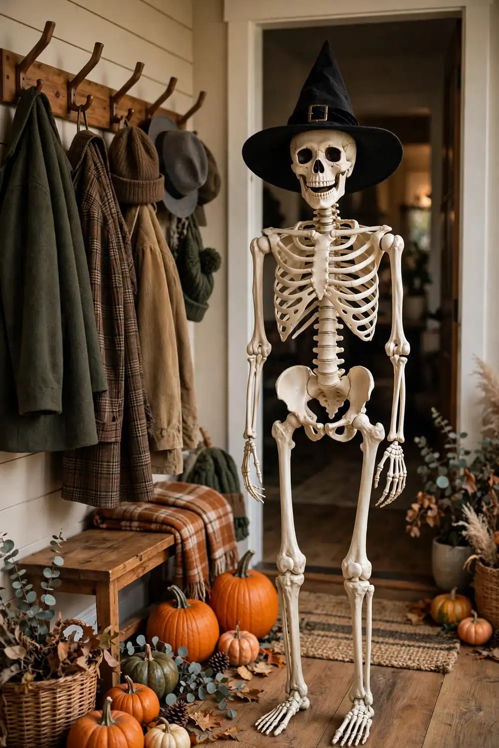 Skeleton greeter by the coat hooks for halloween entryway decor ideas