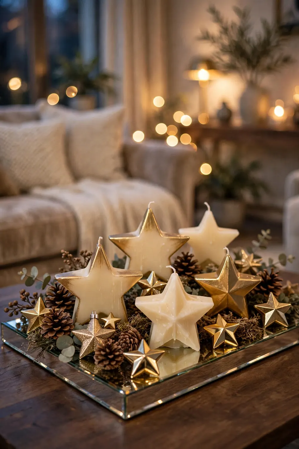 Star Candle Cluster Coffee Table Star-shaped pillar candles and gold star ornaments arranged on a mirrored coffee table tray — star motif Christmas decor