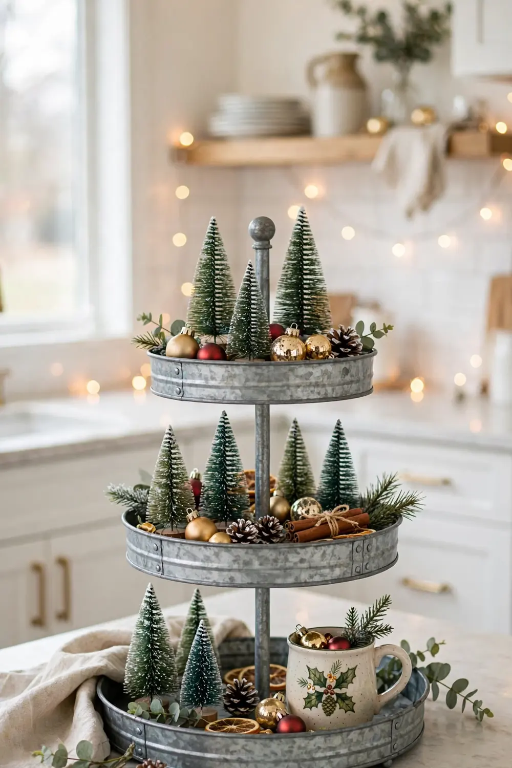 Three tiered tray styled with bottle brush trees and ornaments on a kitchen counter, a charming christmas kitchen decor idea