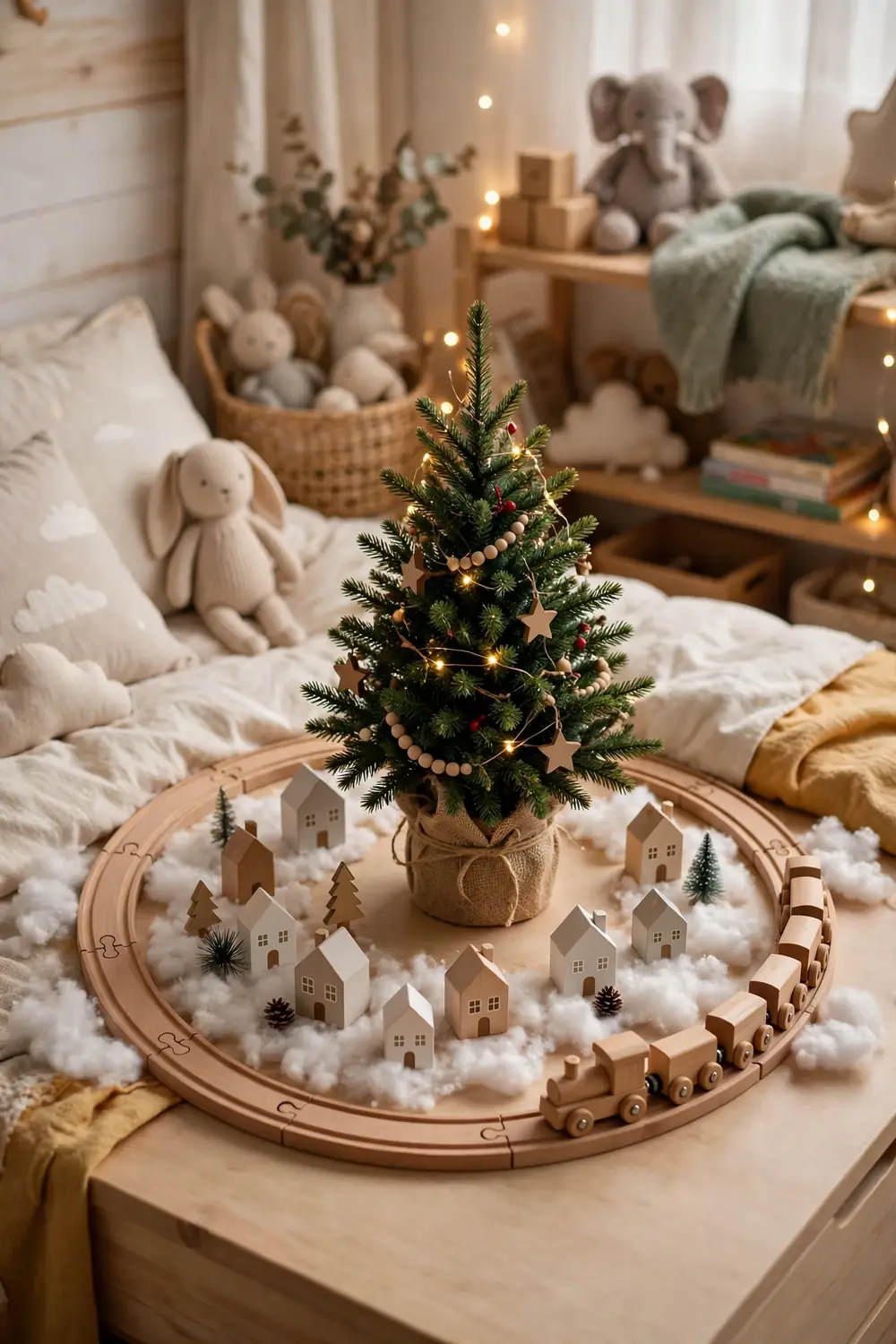 Toy Train Around a Kids Christmas Bedroom Christmas kids room decor ideas with a toy train track around a kids bedroom