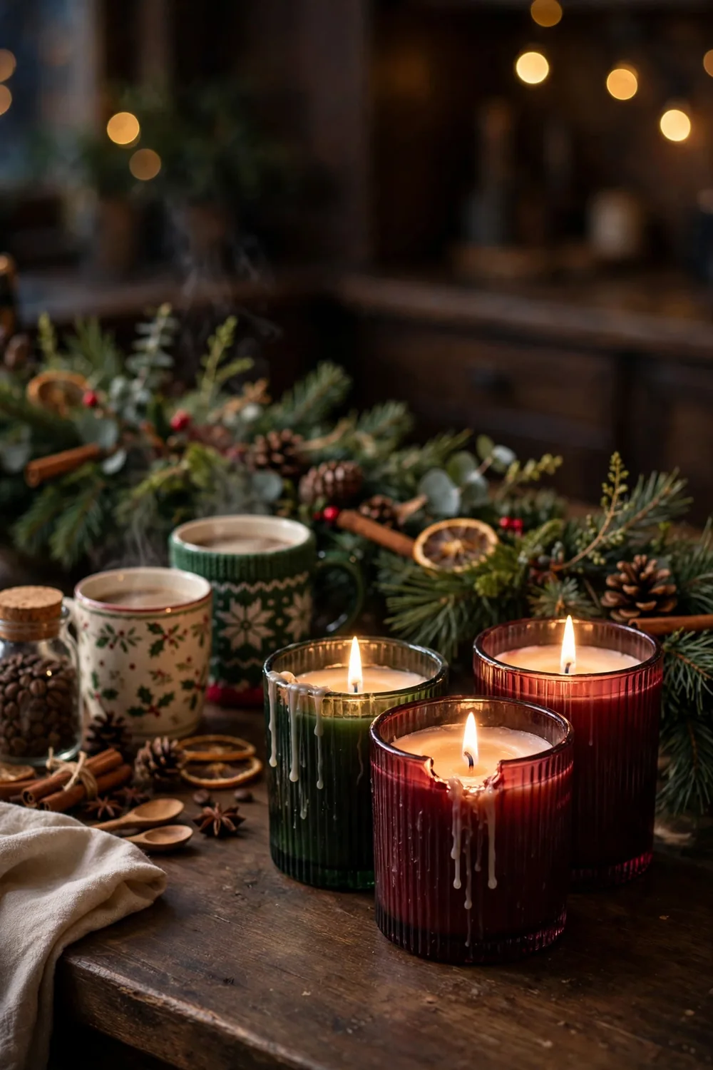 Winter Scented Candle Corner Winter scented candles glowing beside coffee mugs, cozy christmas coffee bar decor ideas