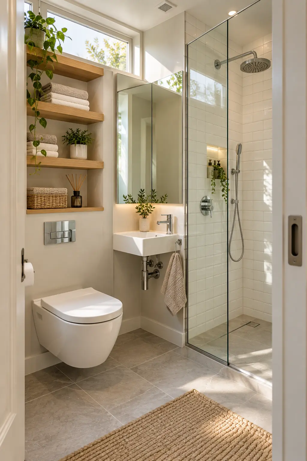 Small modern bathroom with a space-saving layout featuring a slim vanity, wall-hung toilet, fixed glass shower panel, and large mirror.