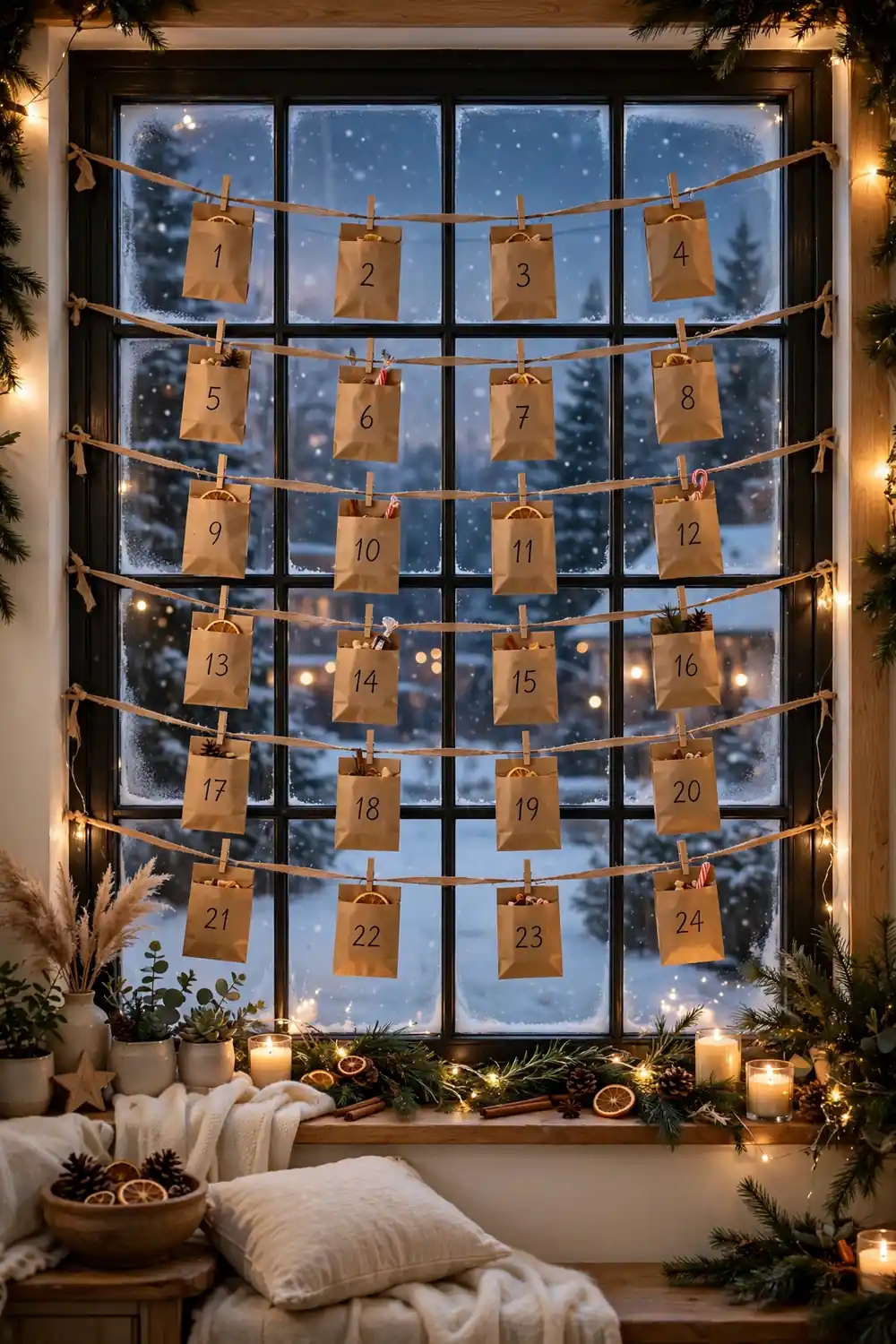 Advent calendar with numbered bags hanging in a Christmas window, playful christmas window decor ideas