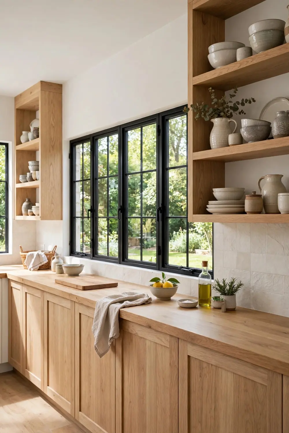 White oak and black kitchen ideas with black framed windows