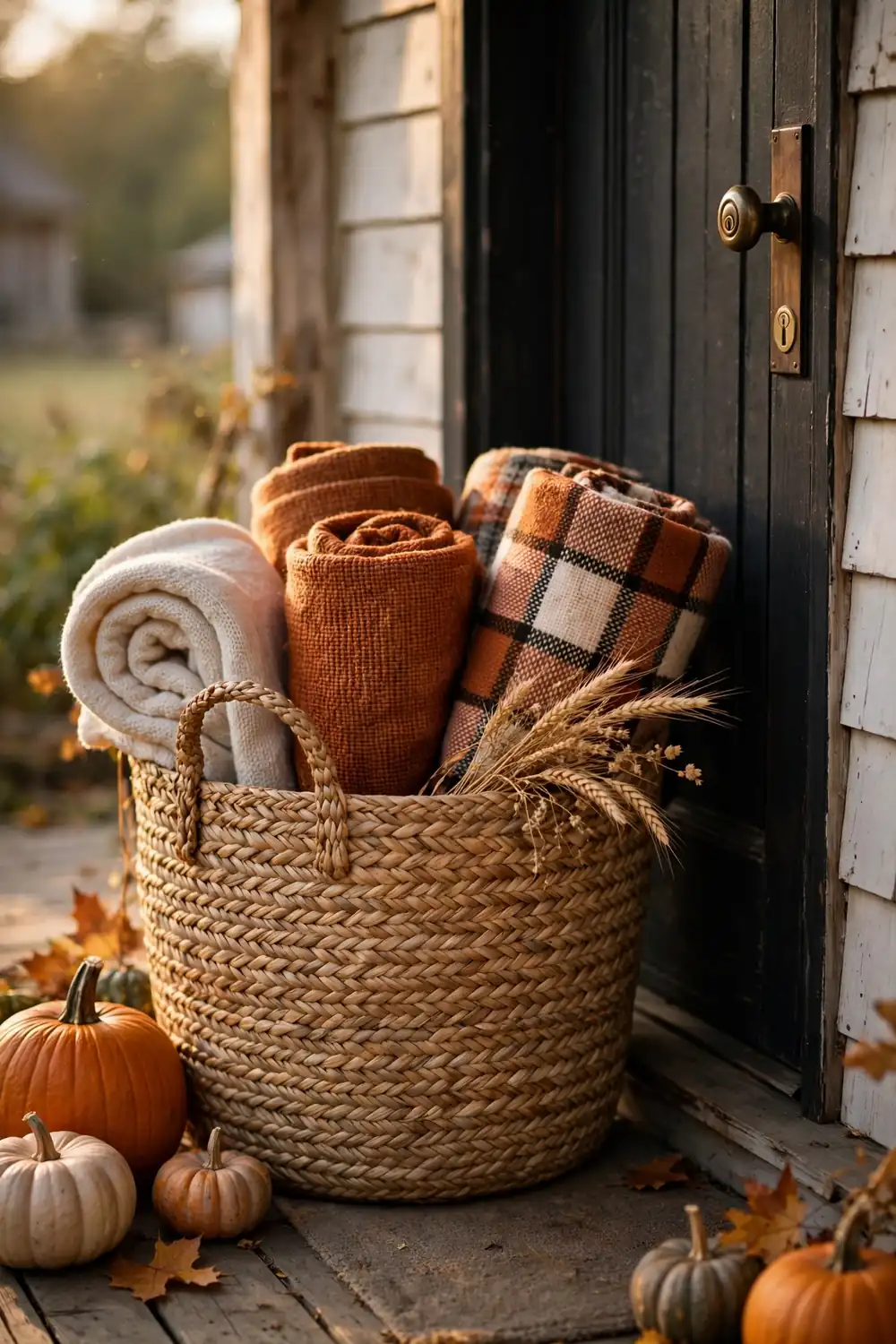 Woven basket with cozy blankets by the door, a welcoming thanksgiving porch decor idea