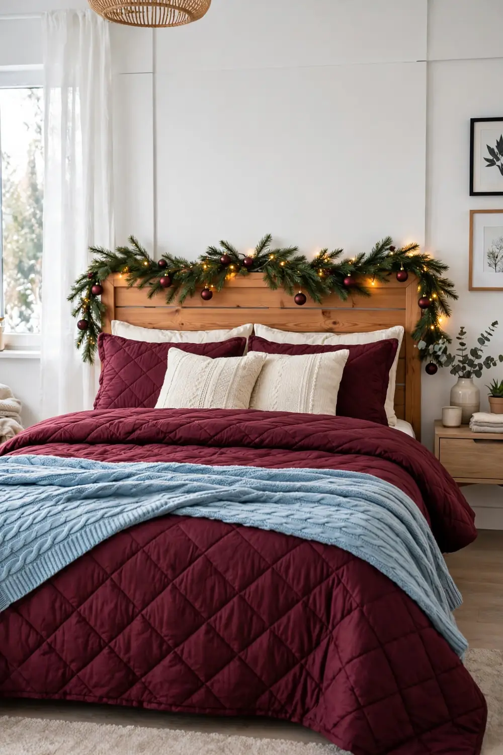 Burgundy and sky blue Christmas bedroom decor Christmas bedroom with burgundy quilted duvet and sky blue knit throw