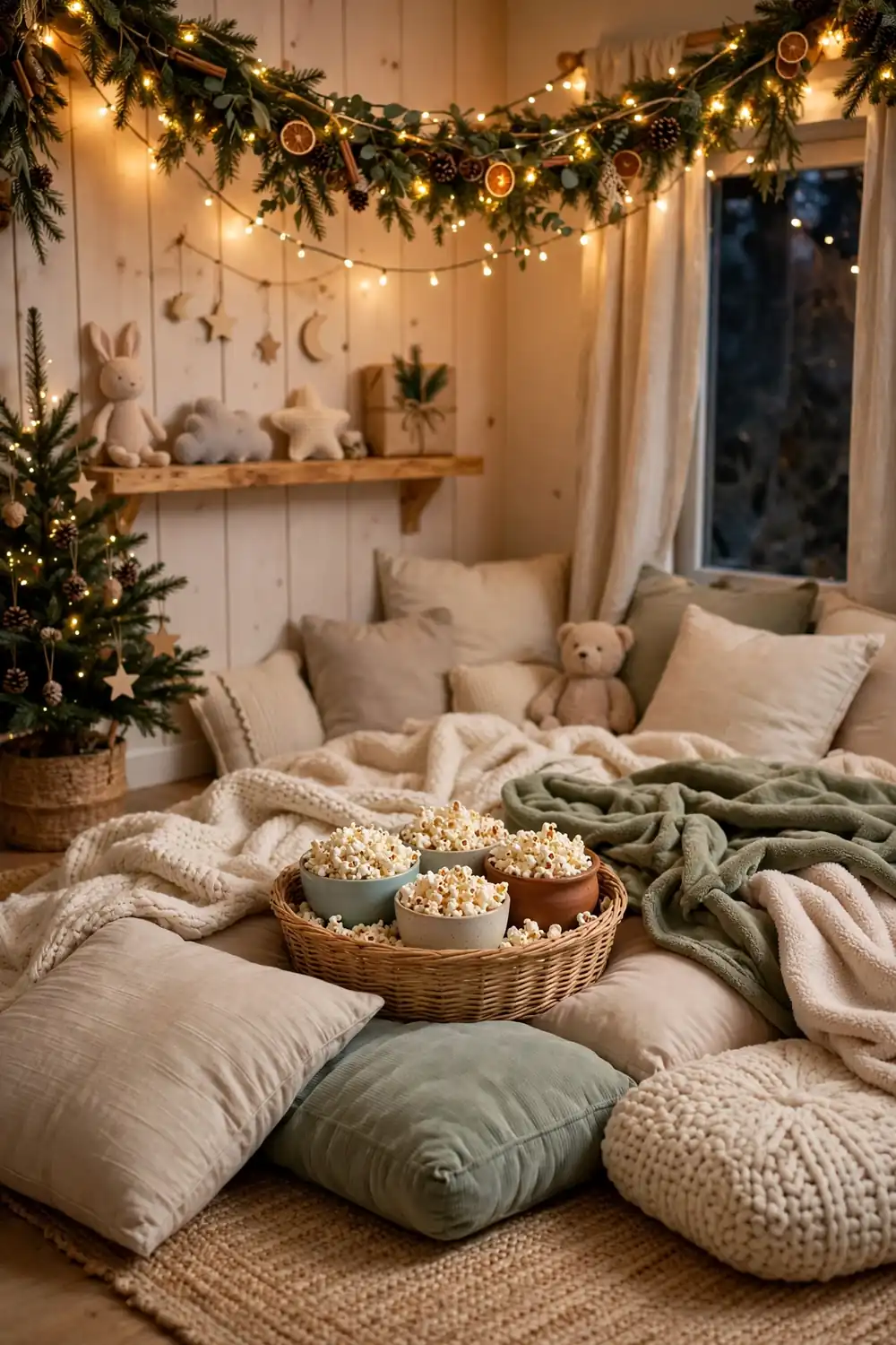 Christmas Movie Night Pajama Corner for Kids Christmas kids room decor ideas with a cozy movie night corner with blankets and cushions