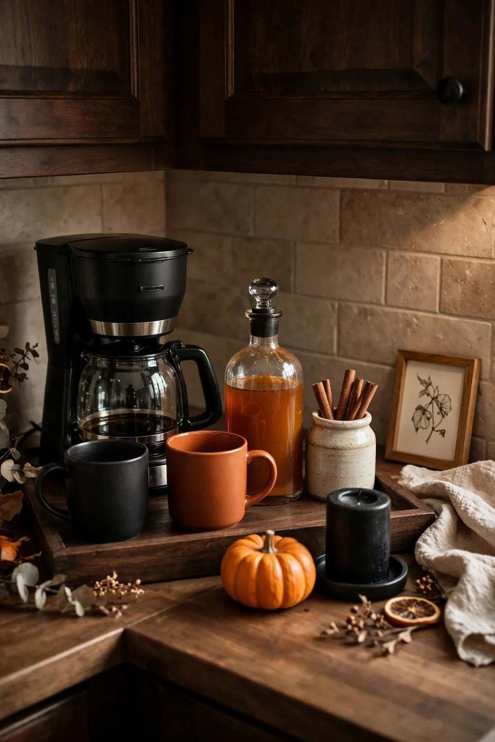 Halloween styled coffee station with pumpkin spice details Coffee station styled for Halloween with pumpkin spice syrup, dark mugs, and a small pumpkin