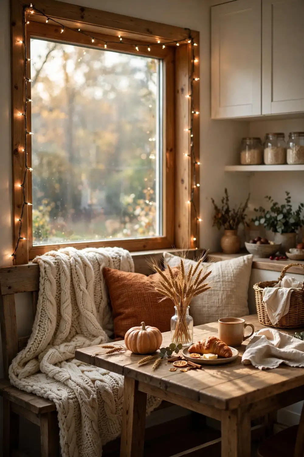 Cozy breakfast nook for Thanksgiving kitchen Thanksgiving kitchen decor ideas with a cozy breakfast nook with knit throws pillows and fairy lights