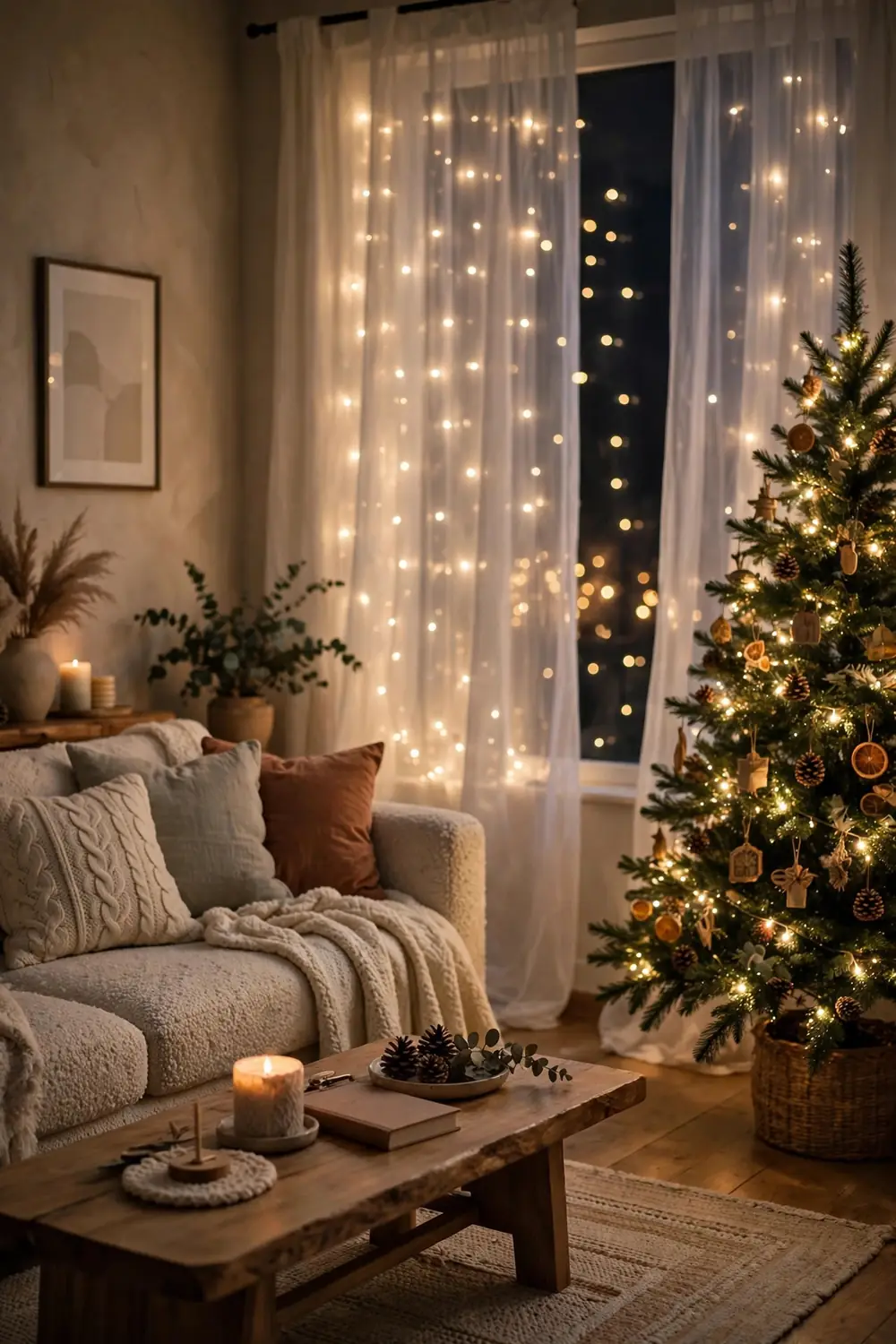 Fairy lights glowing behind sheer curtains at night